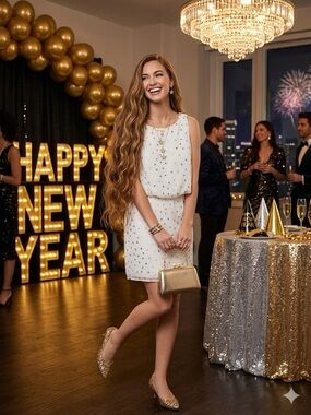 Bisou Bisou White Dress with Gold Accent Clutch and Flats